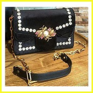 NWT Velvet & Leather Handbag w/ Pearl Wasp Black